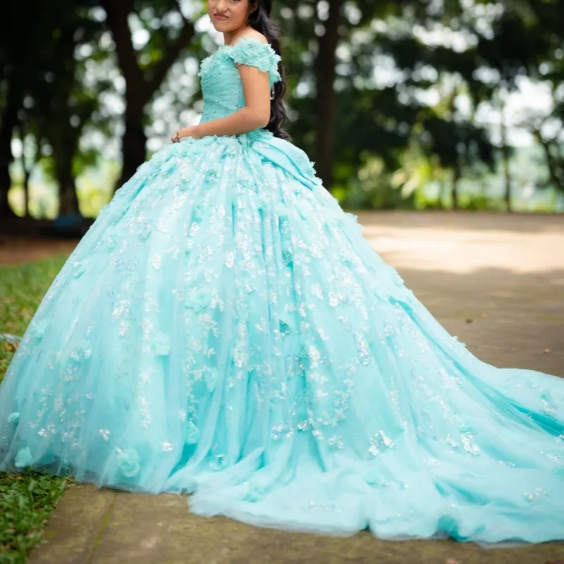 Aqua Blue Shiny Quinceanera Dresses Off The Shoulder... From Zaomeng321, $288.49