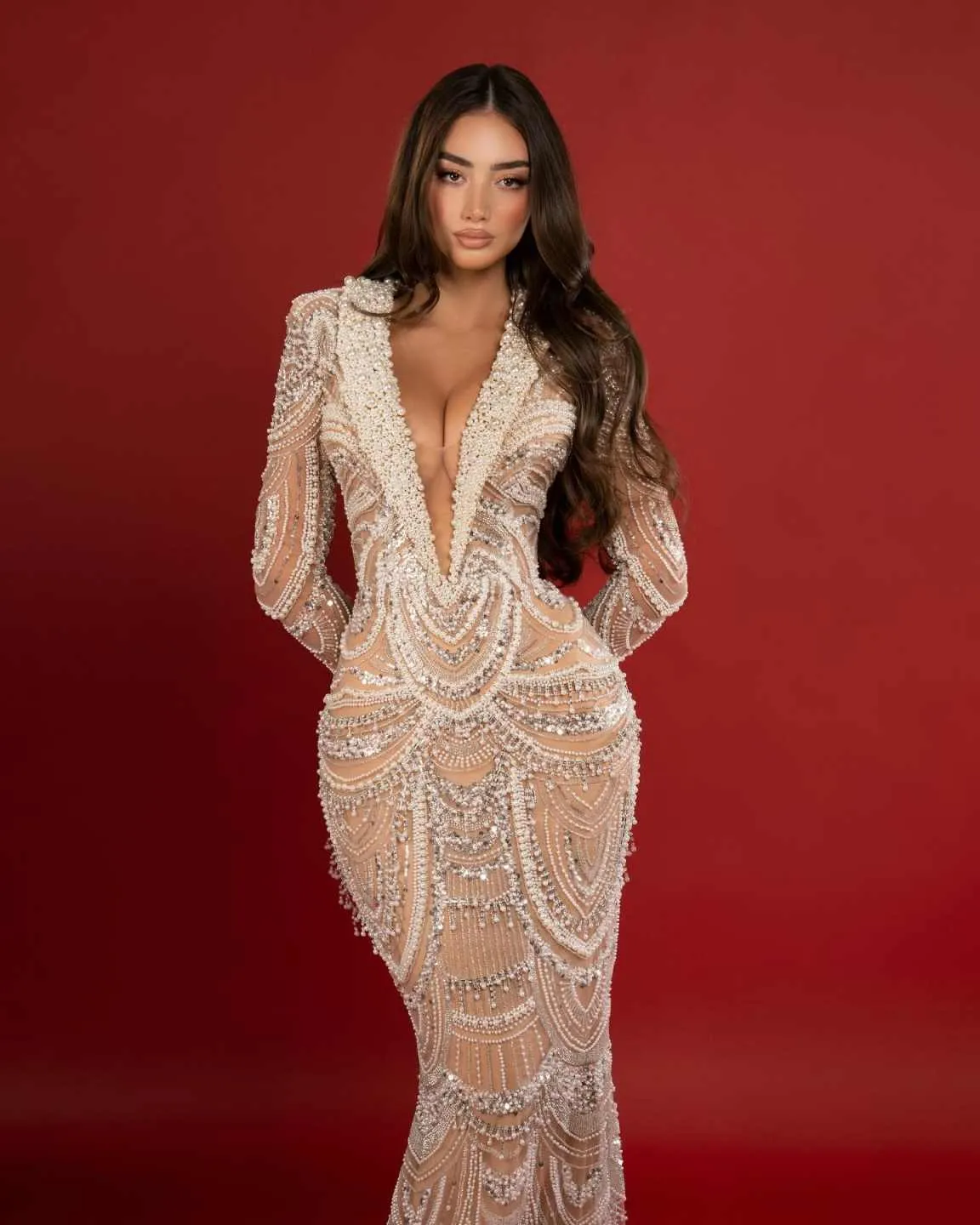 sachin and babi light blue dress GL3053 | Side Leg Slit Bead Sequin Mermaid Long Dress main image 1