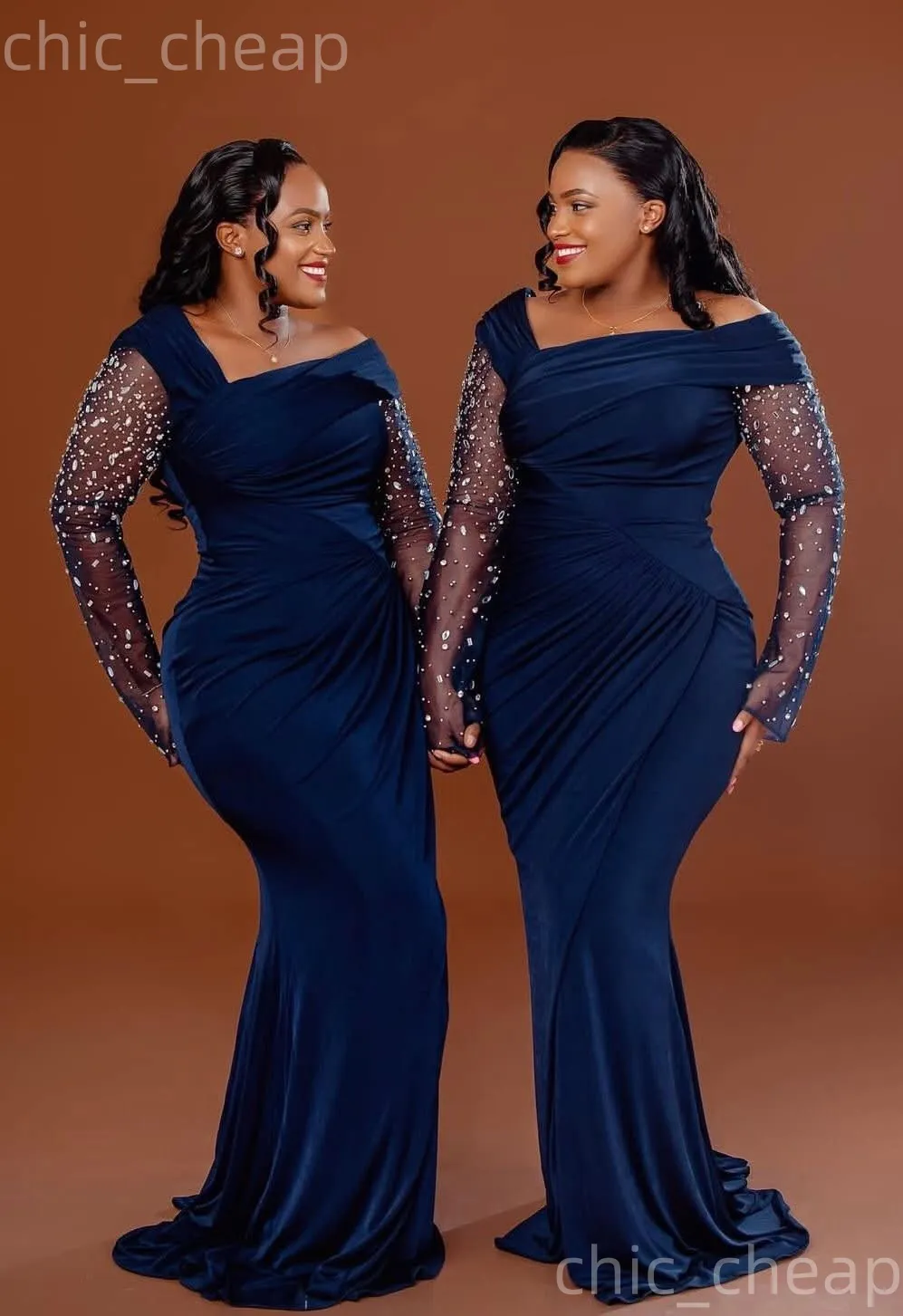 Dark Navy Mermaid Mother of the Bride plus size sequin dress with Beaded Crystals and Satin Fabric - Perfect for Prom, Evening Parties, Vintage 50s,