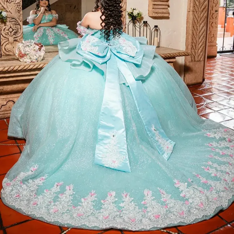 Aqua Blue Glitter Crystal Bow Quinceanera Dresses Ball Gown 3D Flowers Appliques Lace Mexican Sweet 16 XV Anos