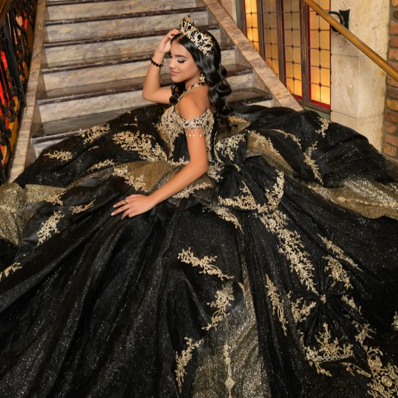 black and gold quince dress Ball Gown Quinceanera with Bow Full Length Mauuwy Shiny Black Quinceanera Dresses
