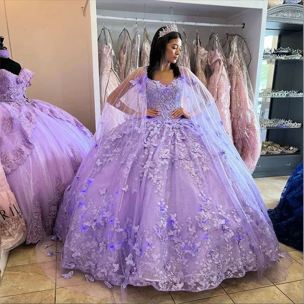 pastel purple 15 dress Lavender Princess Quinceanera purple wedding dress with Puffy Lace-up Corset and Cape - Perfect for Sweet 15, Graduation, and Prom