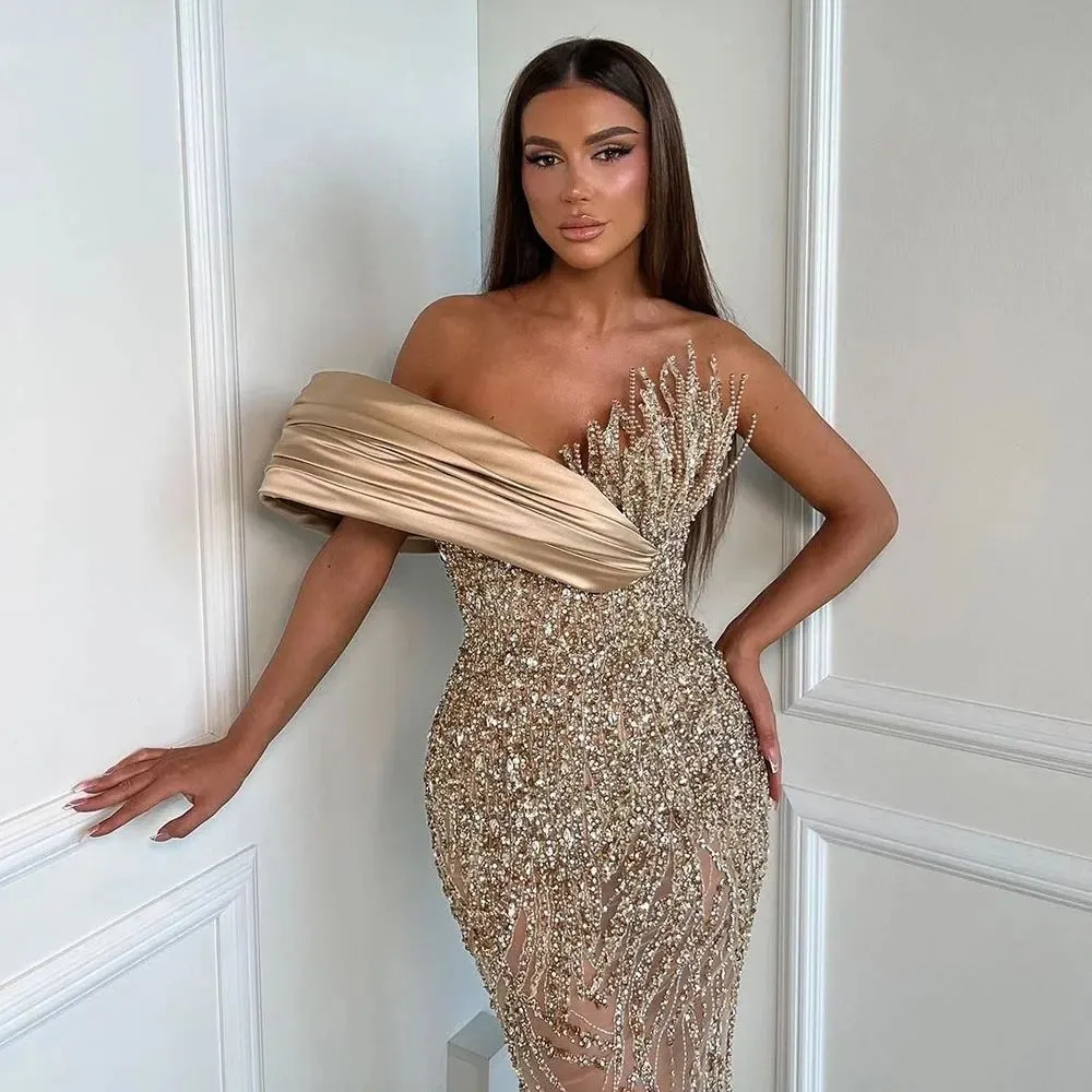cream beaded evening dress Luxury Nude Beaded Elegant Mermaid Evening Dress LA73386 Nude / 8