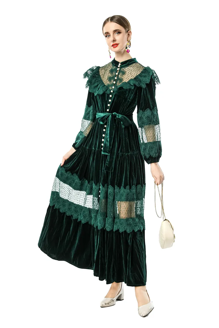 Women's Emerald Green Velvet Lace Maxi Dress with Pearl Button High Neck, Long Sleeve, Ruffled Yoke, and Waist Tie from Dhgate Runway Dresses