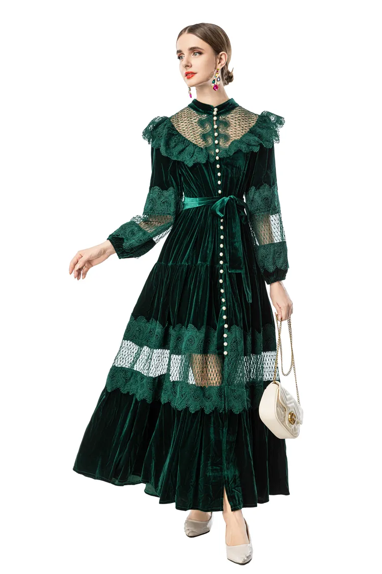 emerald green velvet long sleeve dress Women's Lace Maxi with Pearl Button High Neck, Sleeve, Ruffled Yoke, and Waist Tie from Dhgate Runway Dresses Evening gown Size:EU 35 / US 4.5 collection_undergarments Santiago Cut-Out Ruffle Maxi Junior bridesmaid dresses for