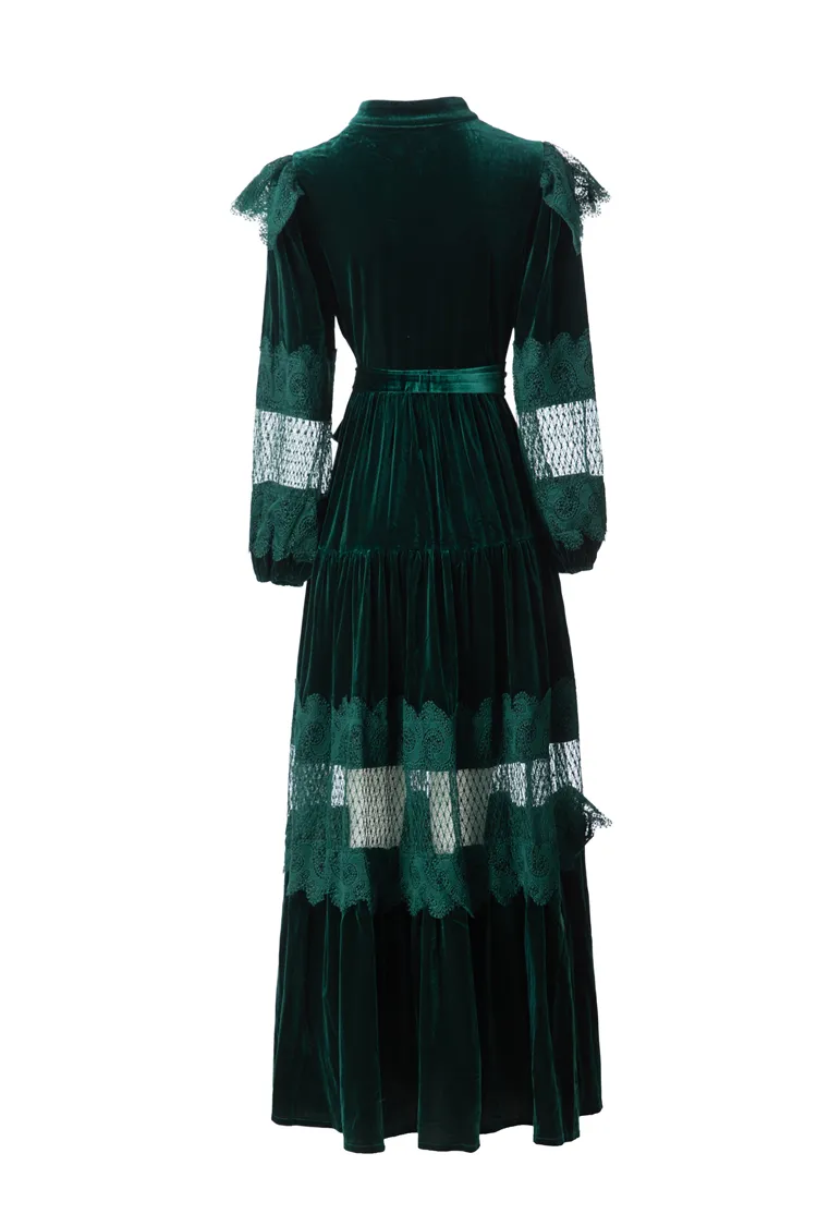 emerald green long sleeve lace dress Women's Velvet Maxi with Pearl Button High Neck, Sleeve, Ruffled Yoke, and Waist Tie from Dhgate Runway Dresses Indianwear Bridalwear Asianwear Designerwear Pakistaniwear in STANMORE