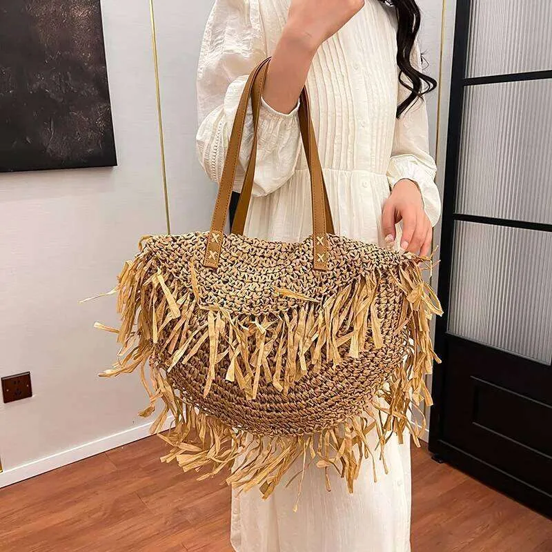 Lawaia Rafia Beach Bag Semicircular Tassel Hollow Vacaciones Y