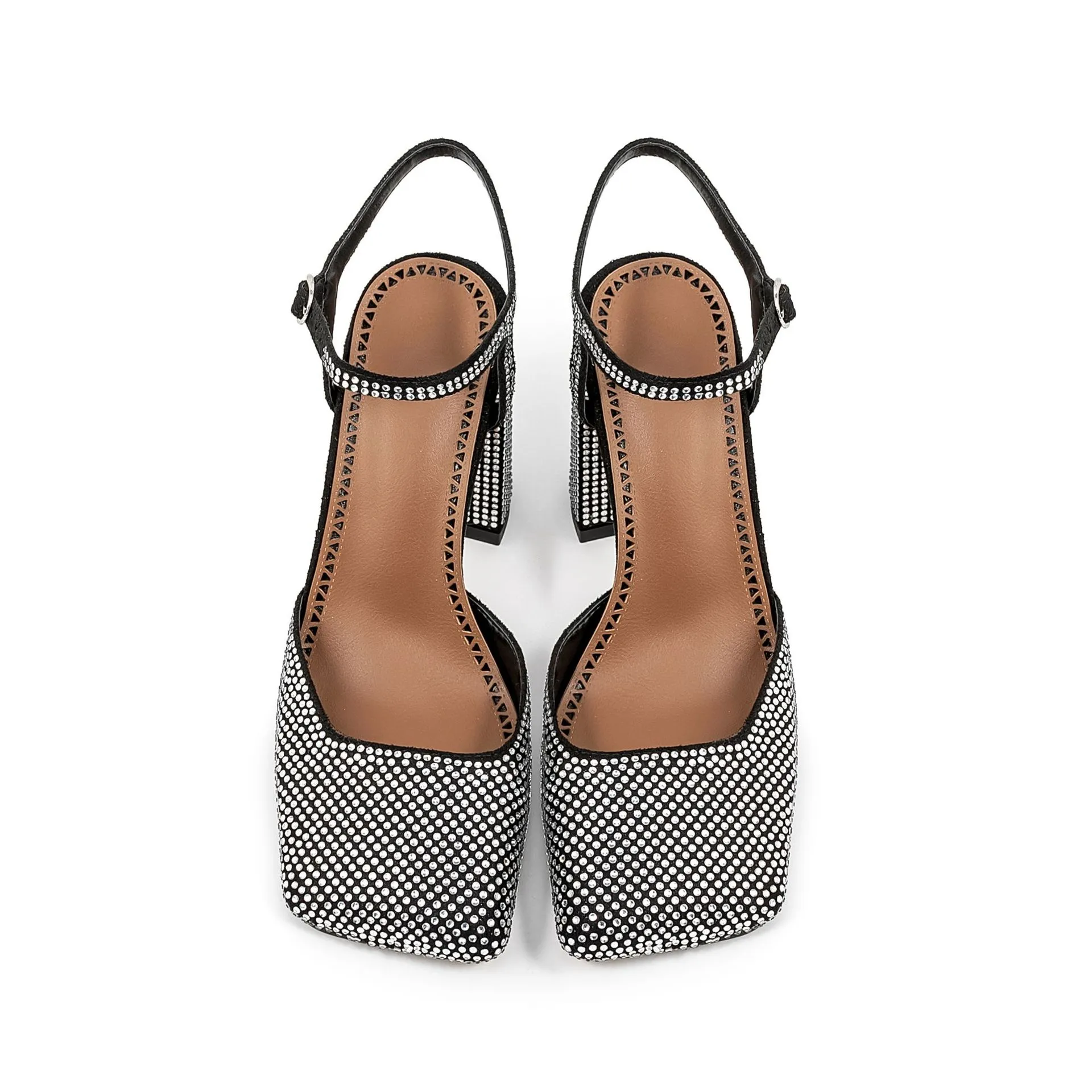Women's Square Toe Rhinestone Block Heel Sandals With Buckle_voghion.com