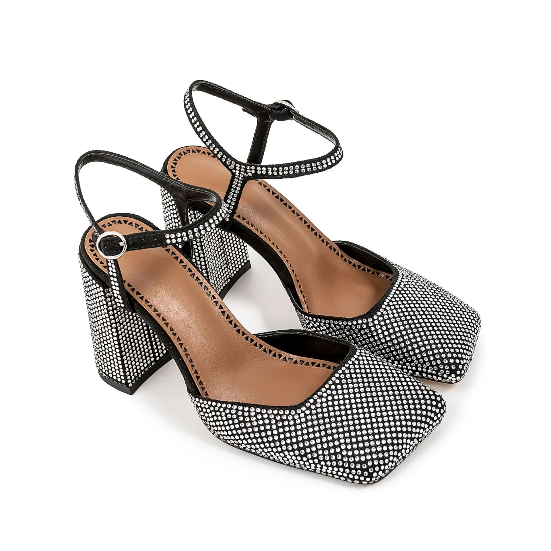 Women's Square Toe Rhinestone Block Heel Sandals With Buckle_voghion.com