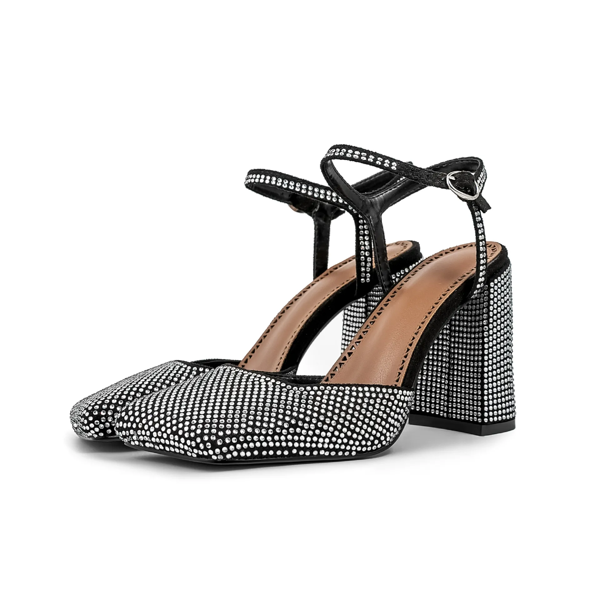 Women's Square Toe Rhinestone Block Heel Sandals With Buckle_voghion.com