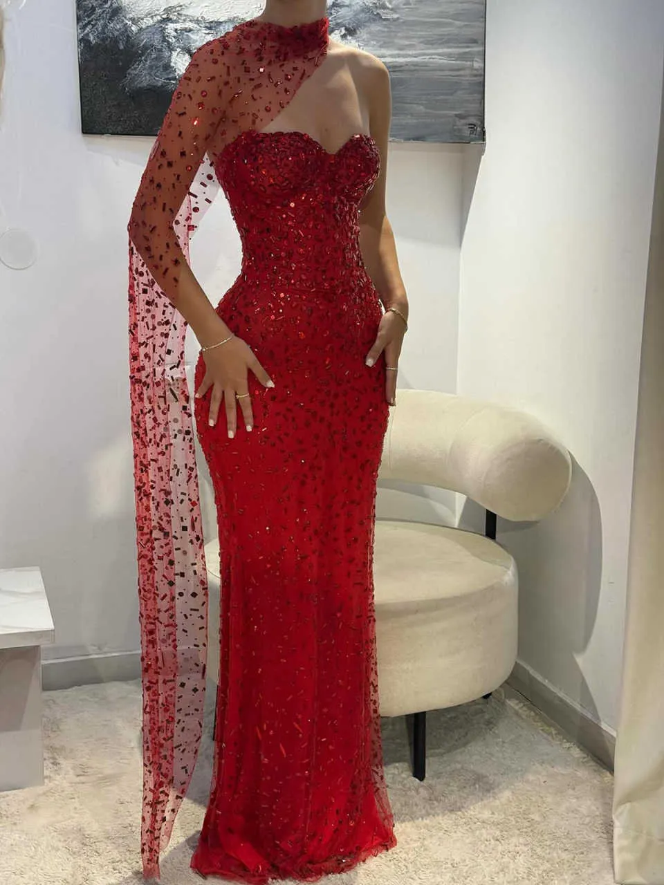Customizable Bright Red Mermaid Red Sparkly Prom Dress with Sweetheart Neckline, Sleeveless Crystal Embellishments, and Floor-Length Hemline