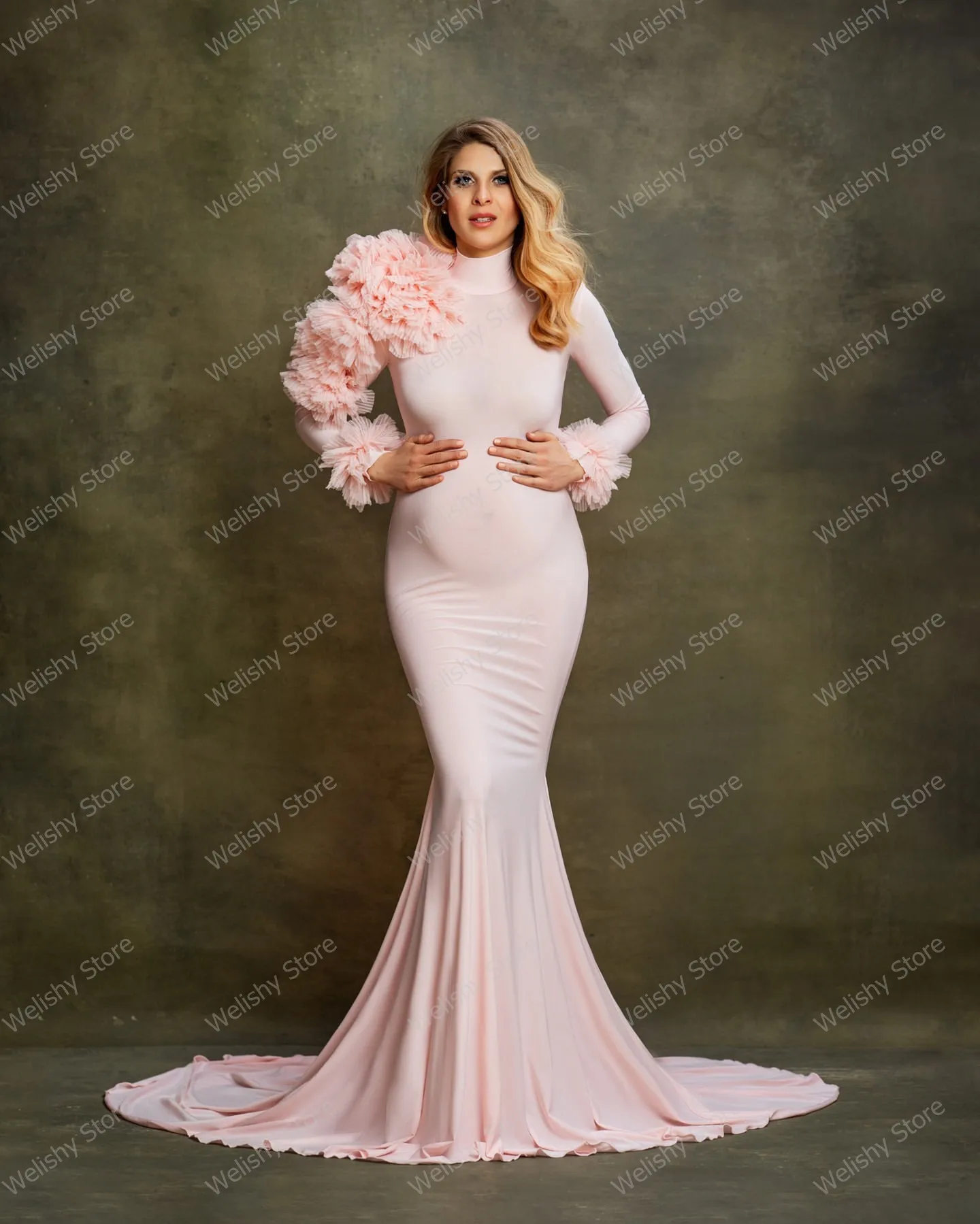 Pink Stretchy Spandex Mermaid Maternity Maternity photoshoot dress with Ruffles and Pleated Shoulder - Perfect for Pregancy Parties and Elegant