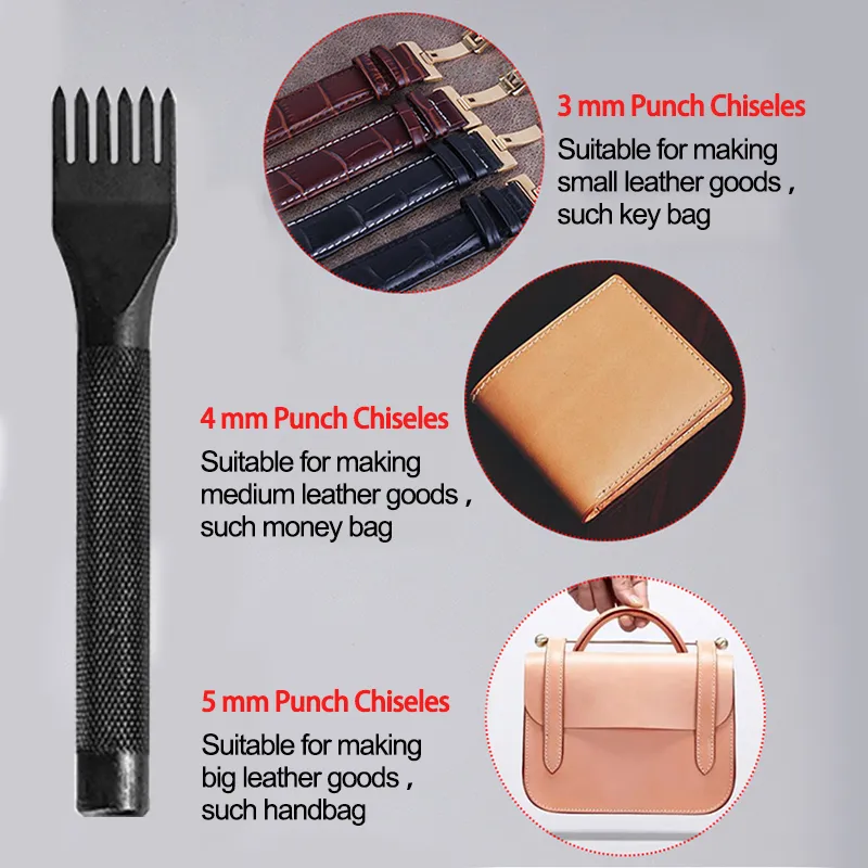 KIDENEI 12-Piece Leather Prong Punch Tool Set – 4/5/6mm 1/2/4/6 Prong, With Stitching Aid Plate, Carbon Steel, Black