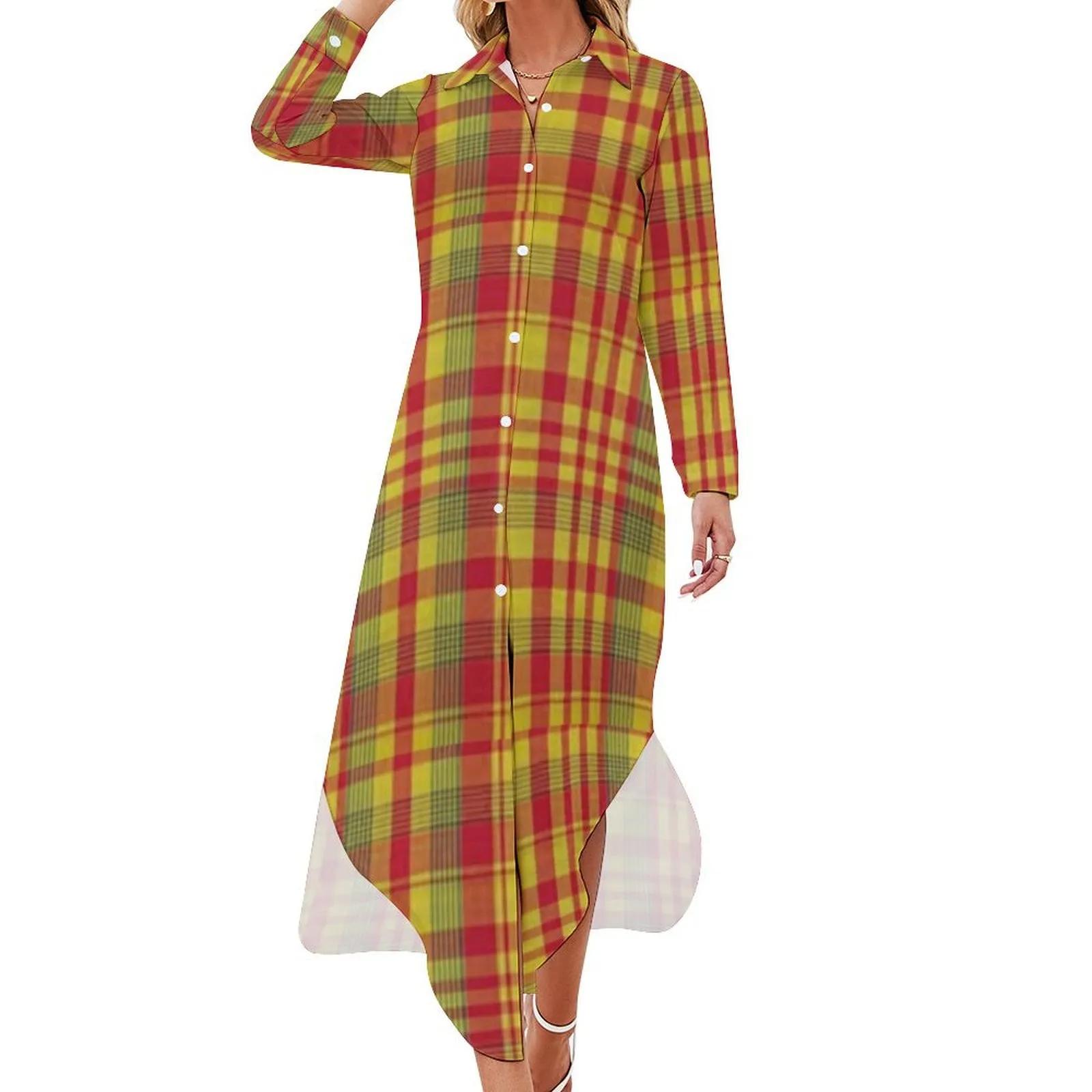 2024 Women's Long Sleeve Creole Madras Maxi Shirt Dress - Traditional Style