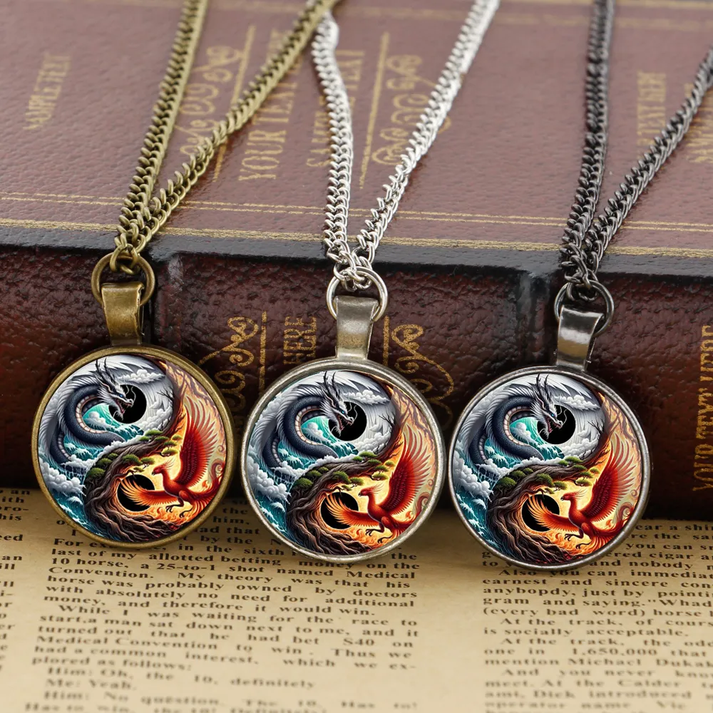 Collier Couple Dragon Et Phénix Yin Yang - Amulette Rétro En Acier Inoxydable, Pendentif 32,7x47,3 Mm, Chaîne Réglable - 9