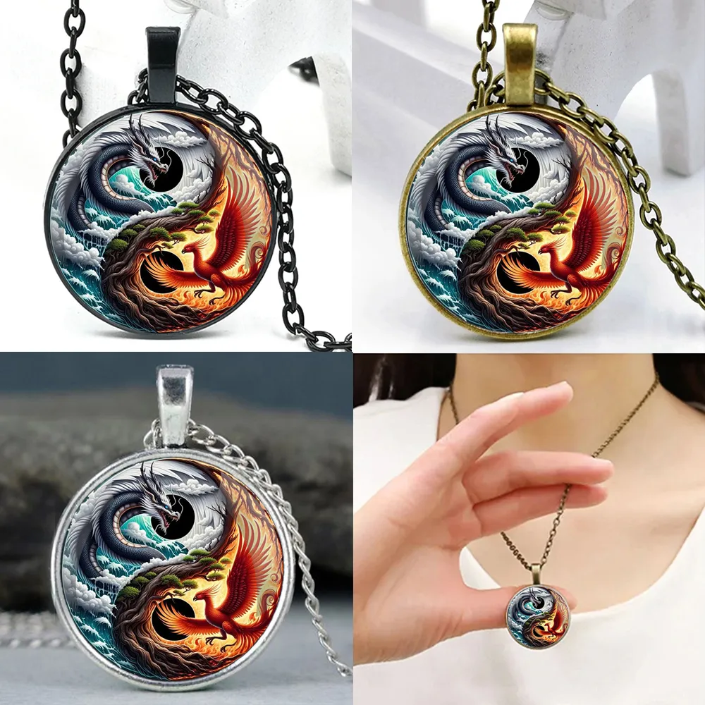 Collier Couple Dragon Et Phénix Yin Yang - Amulette Rétro En Acier Inoxydable, Pendentif 32,7x47,3 Mm, Chaîne Réglable