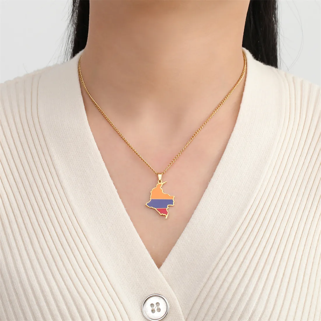 Stainless Steel Colombia Map Heart Pendant Necklace - Gold Plated Colombian Flag Jewelry For Women - View #4