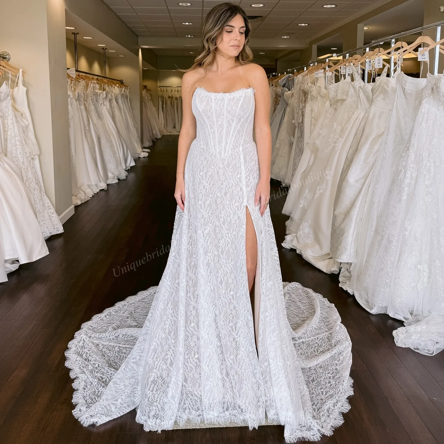 Boho Lace Wedding Dress with Slit 2026 with Sheer Corset, High Leg Slit, and Basque Waist - Perfect for Garden Parties, Castle Chorals, Bridal