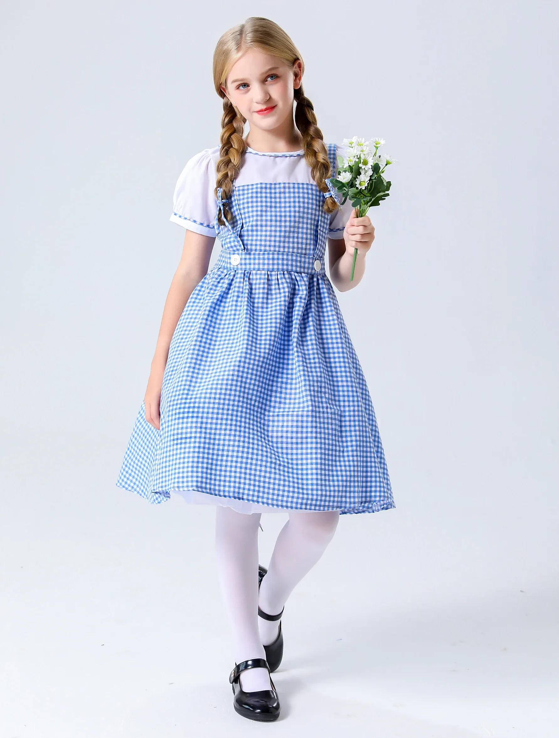 Cute Dorothy Maid alice in wonderland cosplay in Blue Plaid with Adult Hair Band - Perfect for Oktoberfest, Halloween, and Wizard of oz Wig