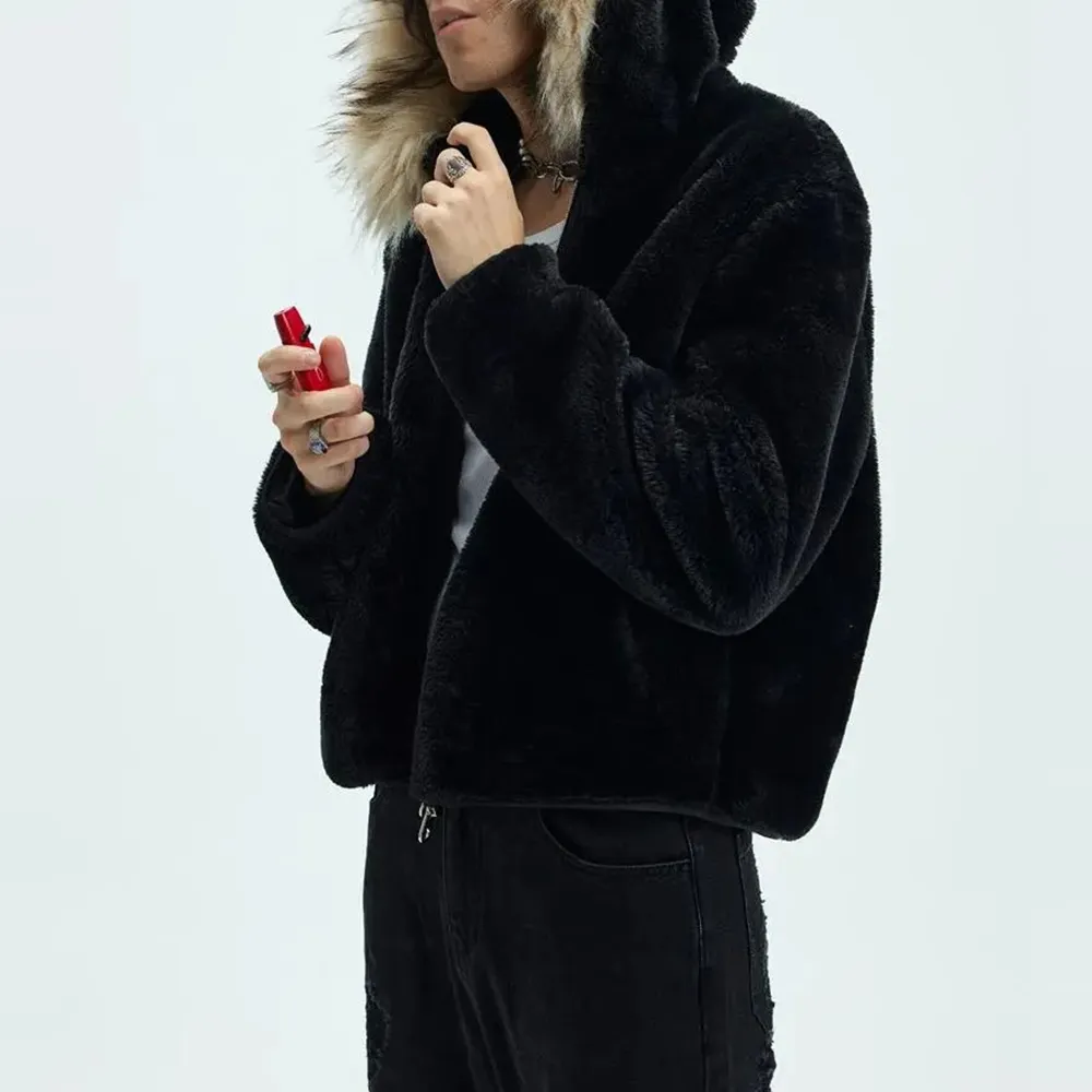 Mens Y2K Hooded Fur Jacket Thick Warm Casual Coat For Autumn