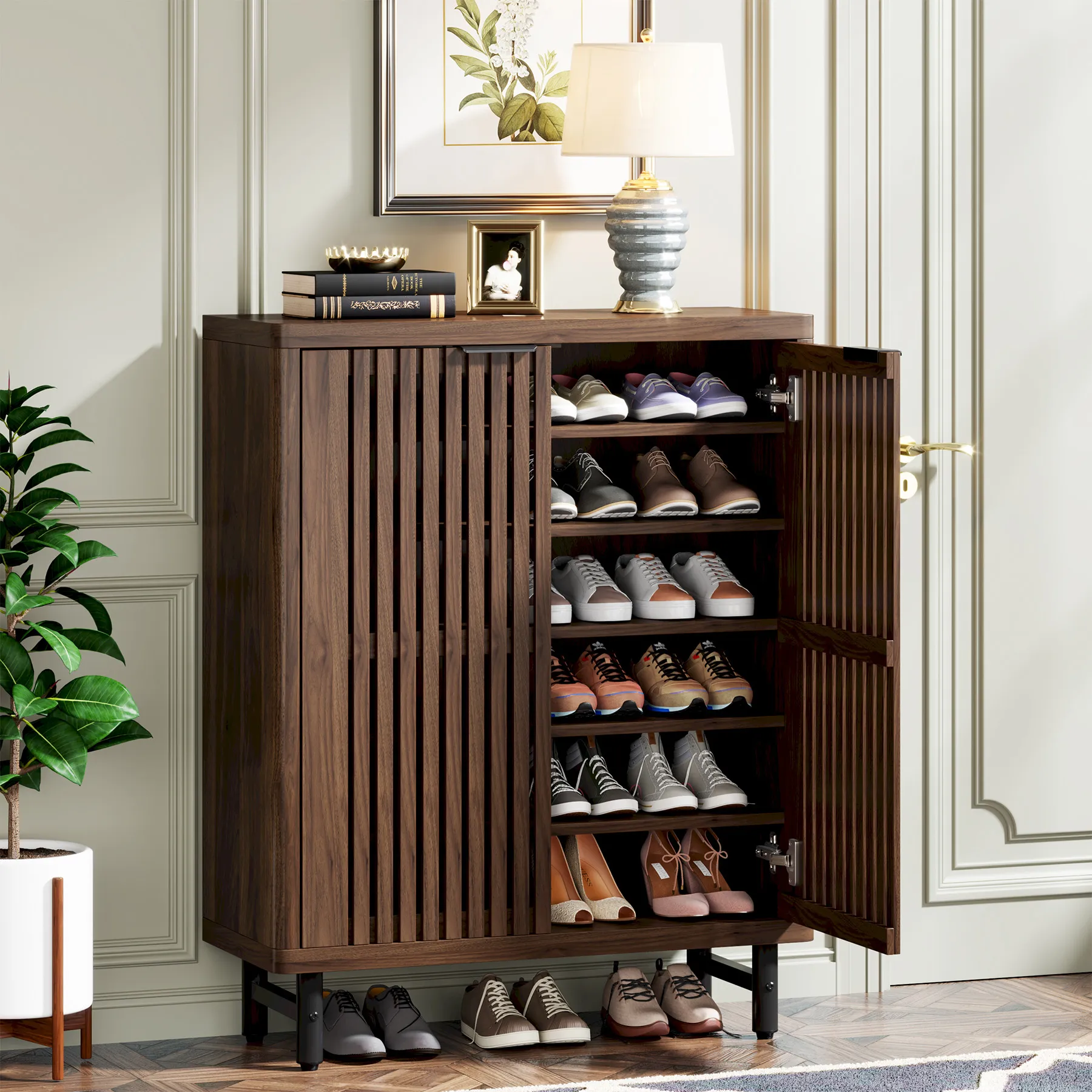 Tribesigns Tier Shoe Cabinet With Louvered Doors, Large Wooden