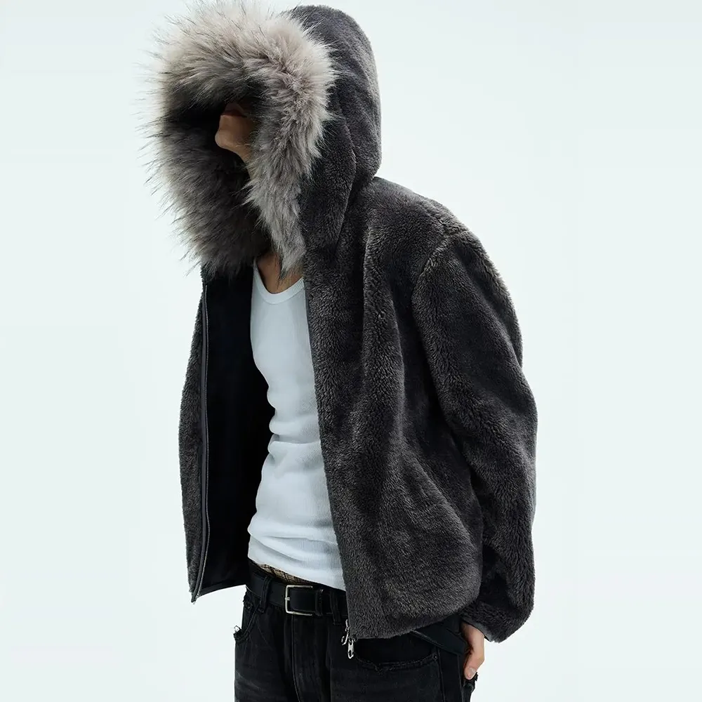 Mens Y2K Hooded Fur Jacket Thick Warm Casual Coat From