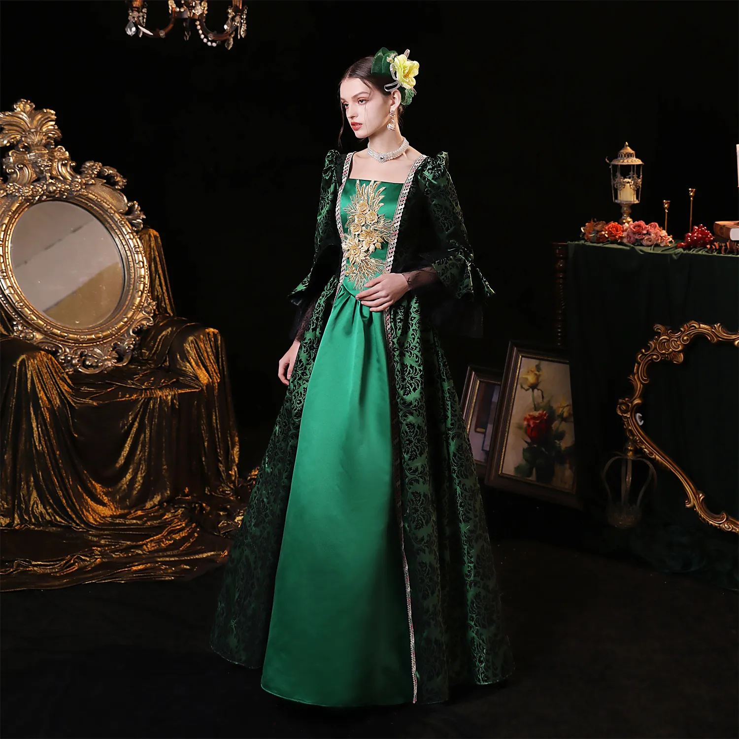 Green Retro Costumes Women's Marie Antoinette Costume Polyester Tunic Dress European Style 18th Century Costume