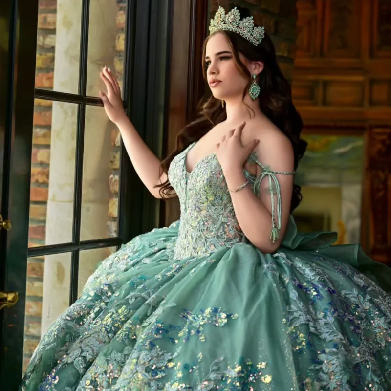 mint green quinceanera dresses Sage Luxury Tiered Tulle Ruffles Beaded Ball Gown Dress Sage Green / 8 Elegant Green Quinceanera Dresses Gold