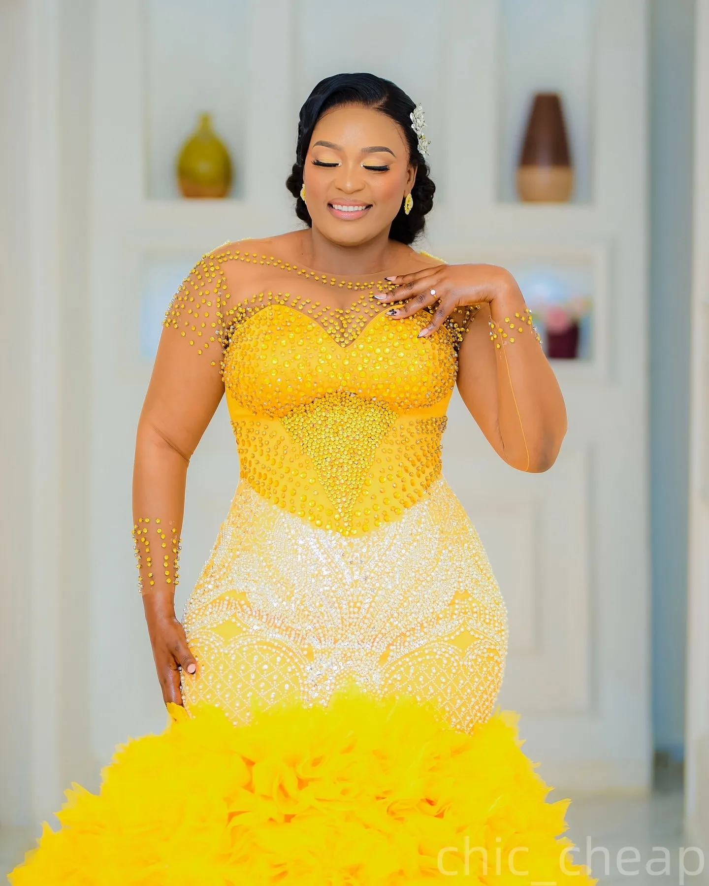 plus size prom dresses yellow Yellow Mermaid Yellow prom dresses 2023 with Crystals, Beaded Tiers, and Tulle