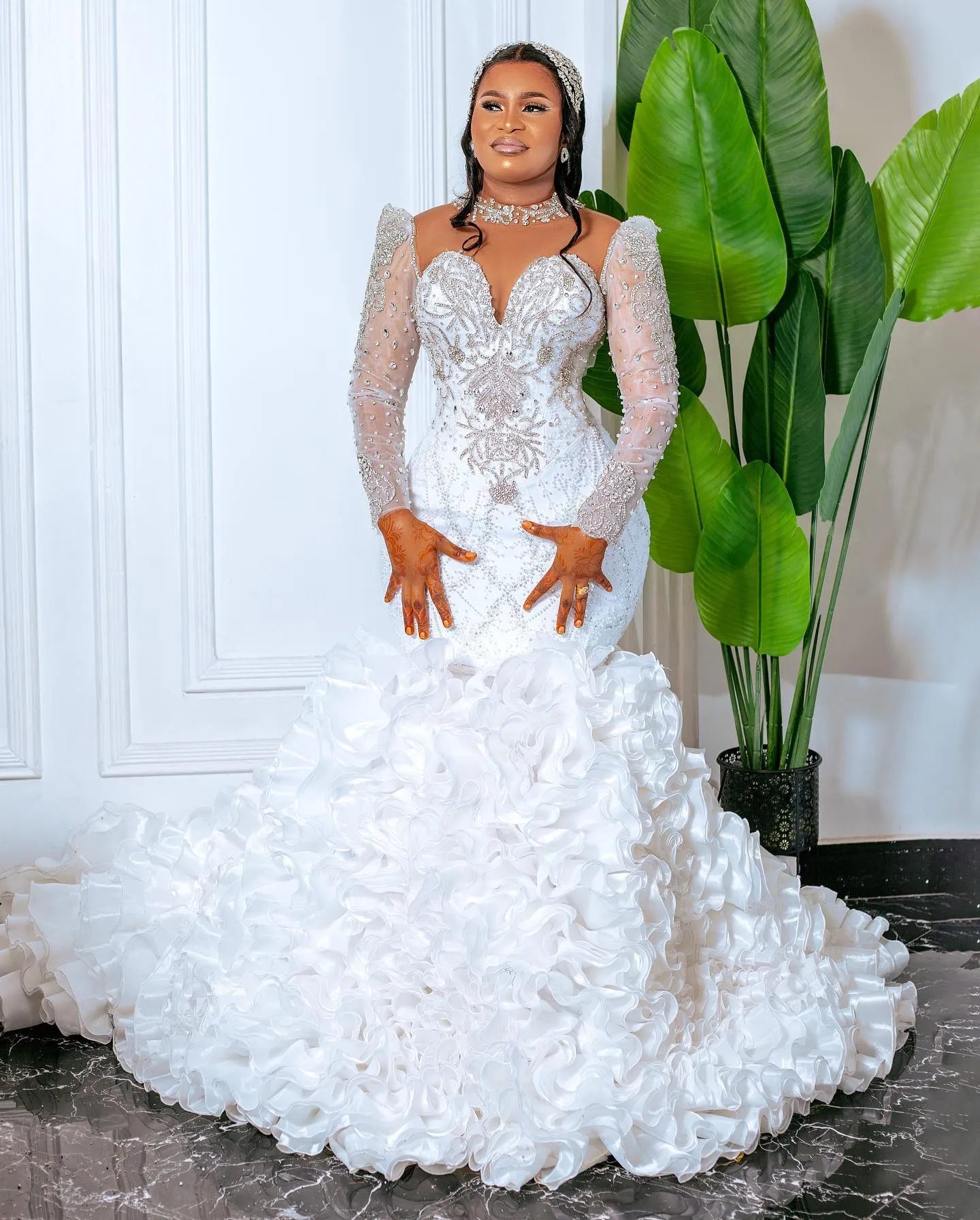 2025 Plus Size Tulle Train Wedding Dress Long Sleeve Lace Beaded Tiered  Tulle Bridal Gown for African Black Women from Dhgate Mermaid Wedding  Dresses - price 427.42