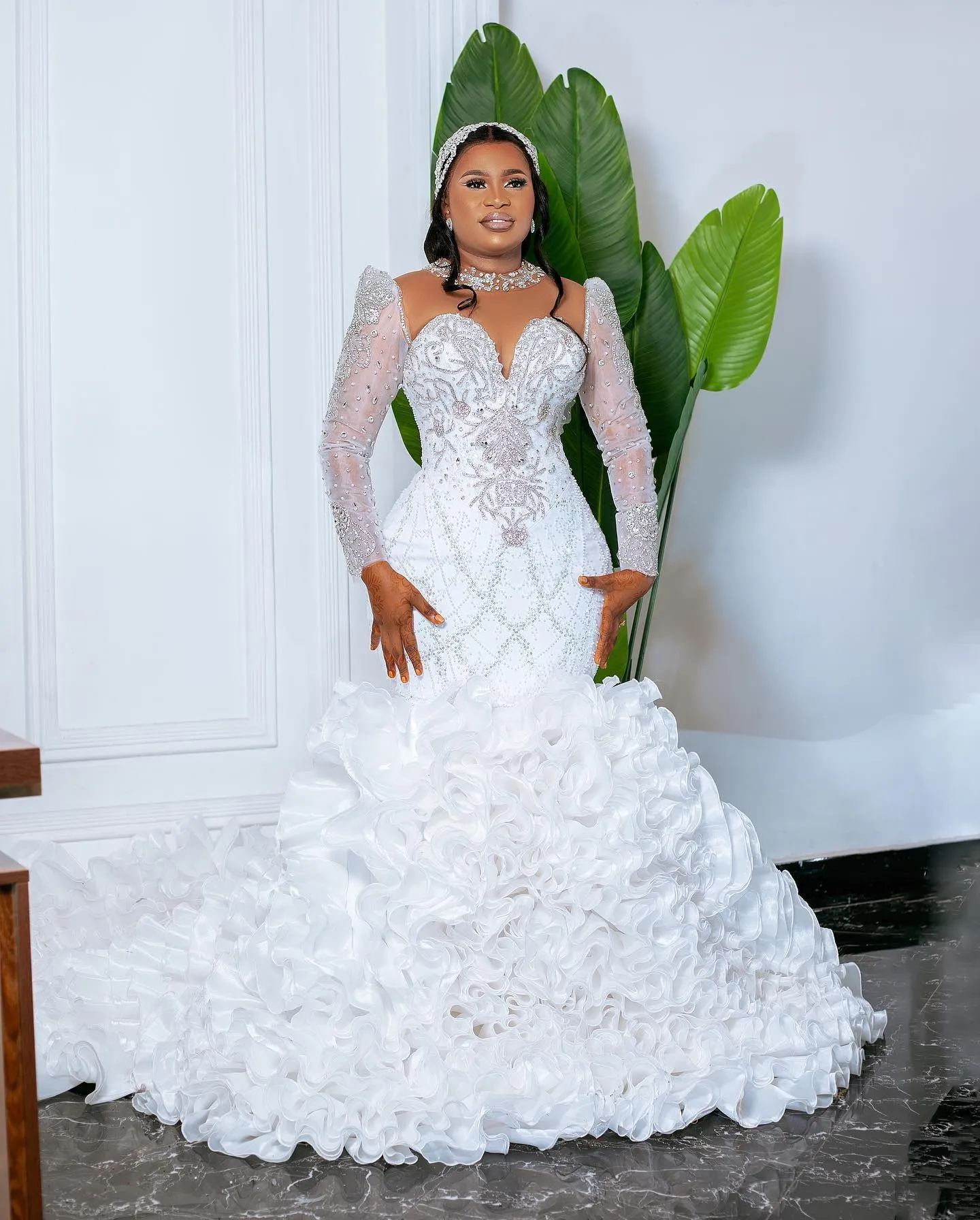 2025 Plus Size Tulle Train Wedding Dress Long Sleeve Lace Beaded Tiered Tulle  Bridal Gown for African Black Women from Dhgate Mermaid Wedding Dresses -  price 427.42