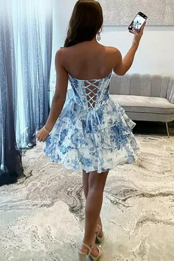 homecoming dresses white and blue Floral Dress - Strapless Short Bodycon Prom Dress Organza 3 Blue and White Porcelain Print