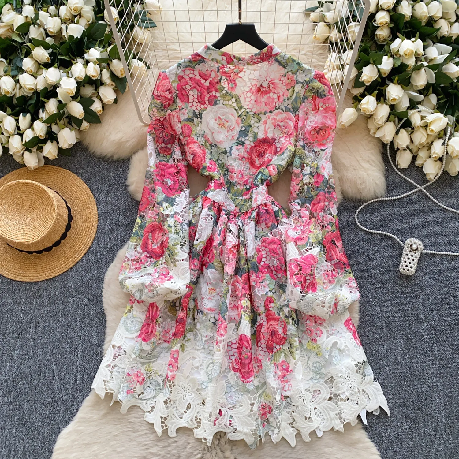 fitted lace wedding dress Abigail Crochet Lace Dress White Floral / M