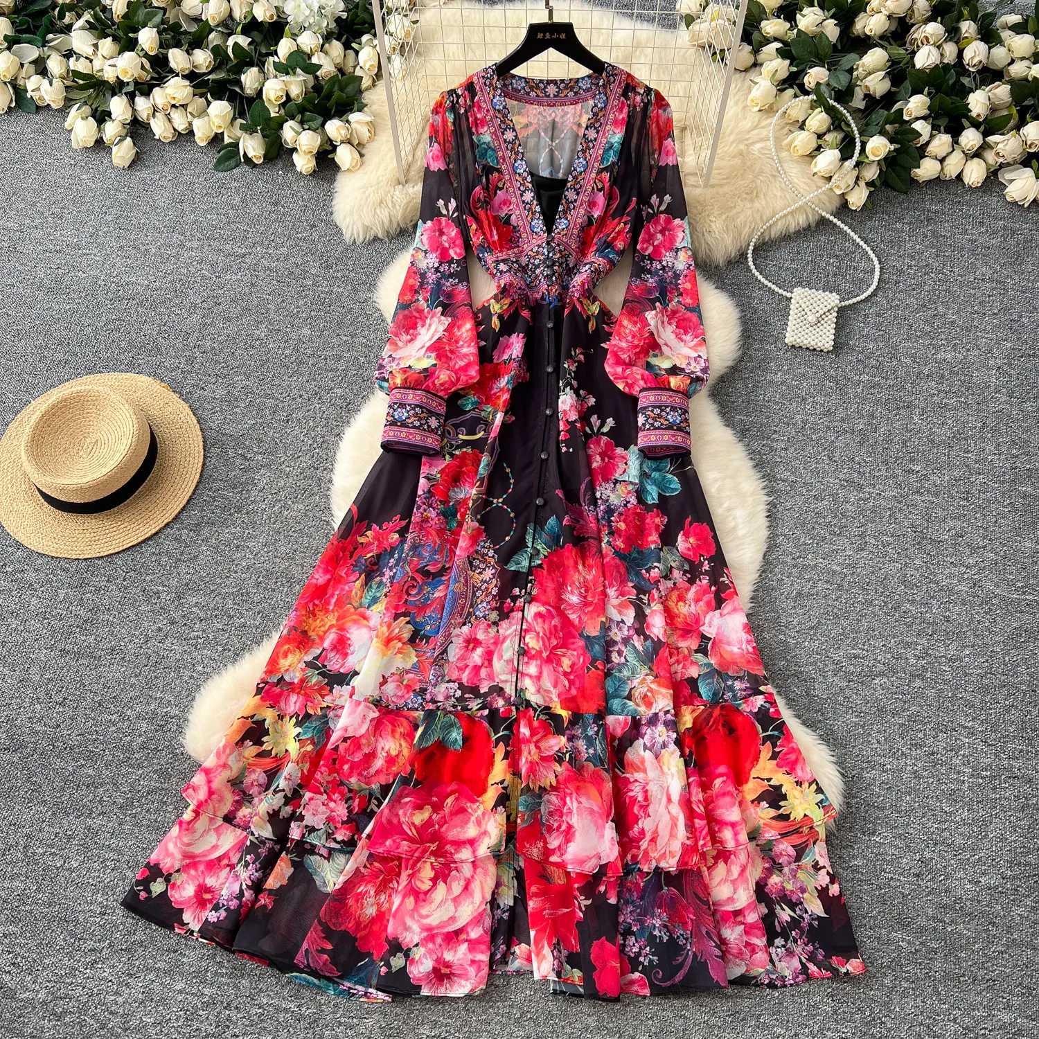 Casual Dresses Elegant Long Maxi Floral Dresses Women 2025 Spring Summer Holiday  Print Flare Full Sleeve Deep V Neck Prom Evening Vestidos From Xiongstore