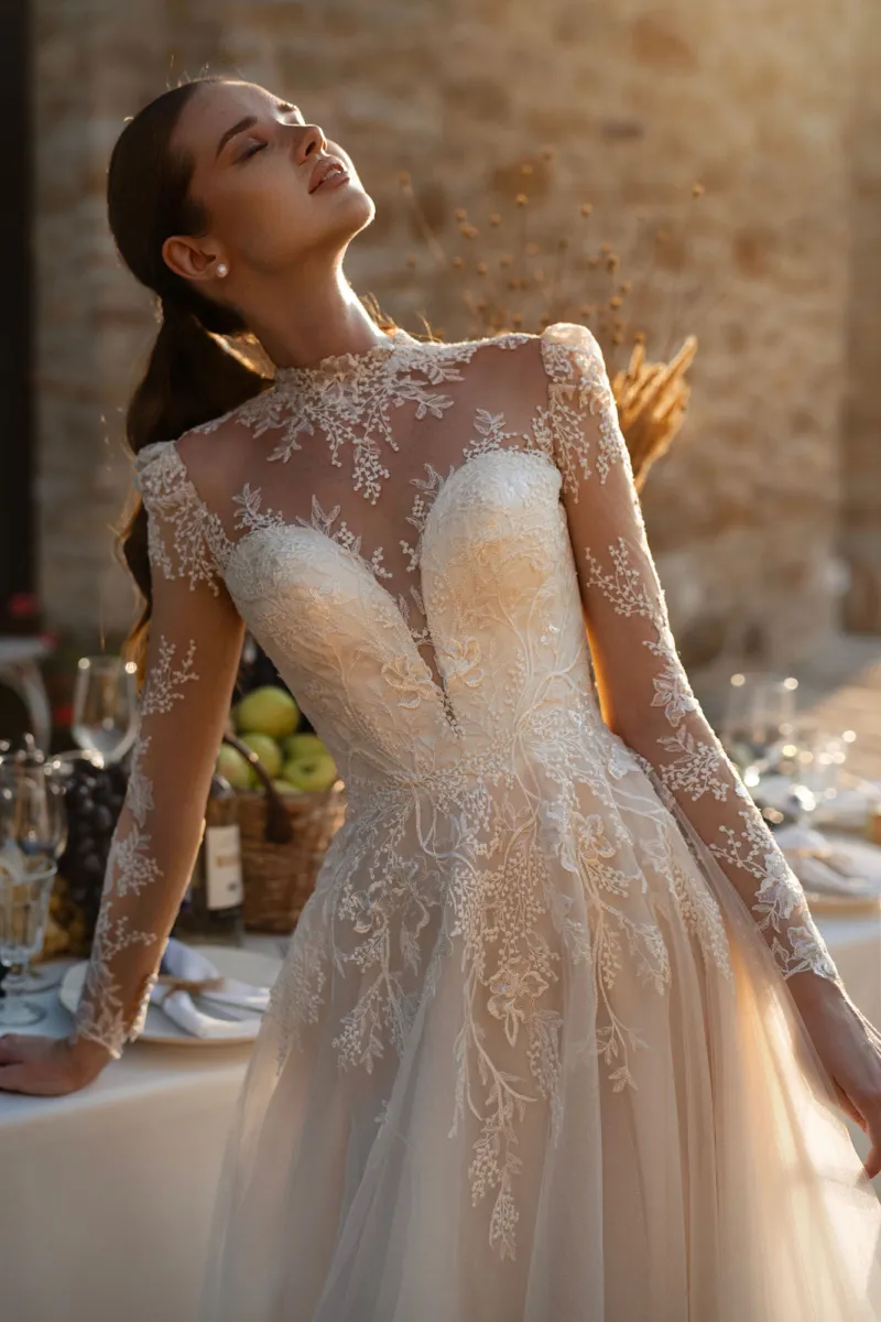 Long Sleeve Lace Wedding Dress Satin Sweep Train Covered Button Back for Bride Garden Reception from Dhgate A-Line Wedding Dresses - price 200.81 Long Sleeve Lace Wedding Dress Satin Sweep Train Covered Button Back for Bride Garden Reception from Dhgate A-Line Wedding Dresses - price 200.81