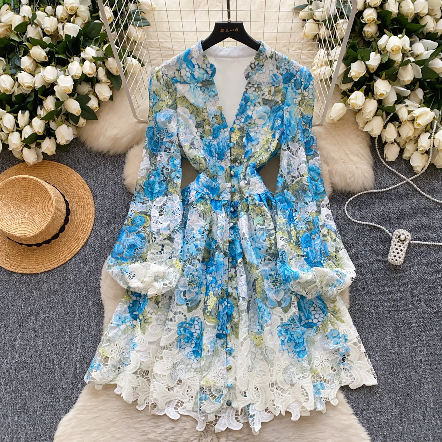 Lantern Sleeve Dress: Crochet Lace Floral Mini Dress With V