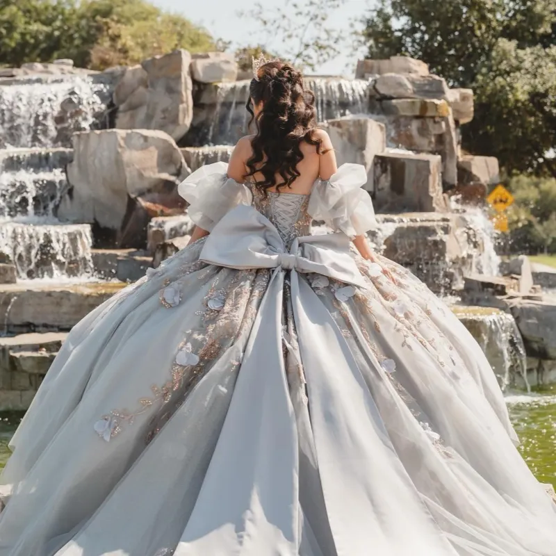 light grey quinceanera dresses Shop Unique Light Grey Ball Gown Off-the-Shoulder Satin Quinceanera Dress with Appliques from Annakoo