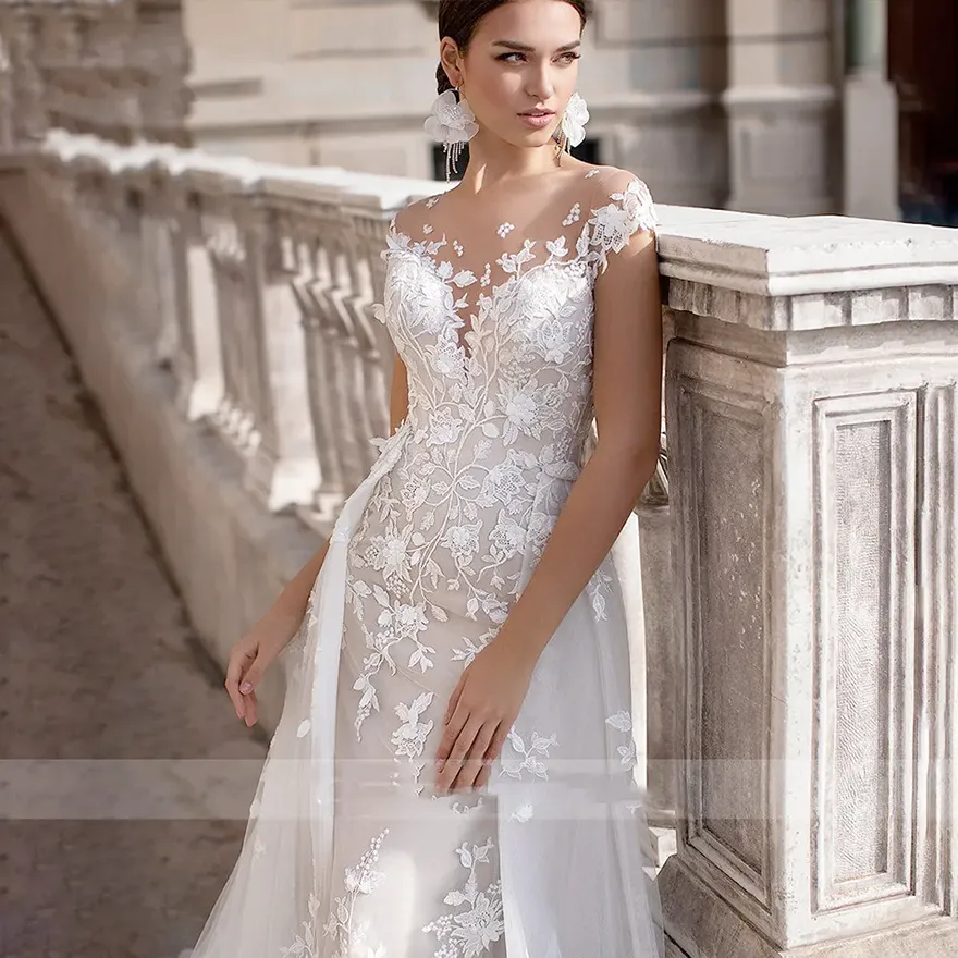mermaid wedding dress with and without petticoat Mermaid Wedding Dresses Open Back 3D Floral Lace Bridal Gowns Vestidos De Novia