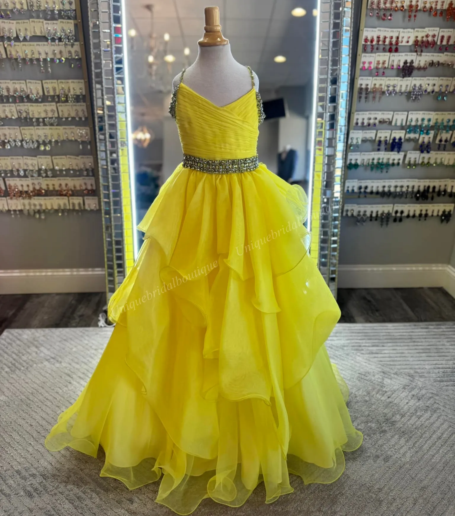VeraQueen Girls Off-Shoulder Princess Pageant Dress - Yellow Tulle Beaded Straps, Long Birthday Party Dress, Size 12