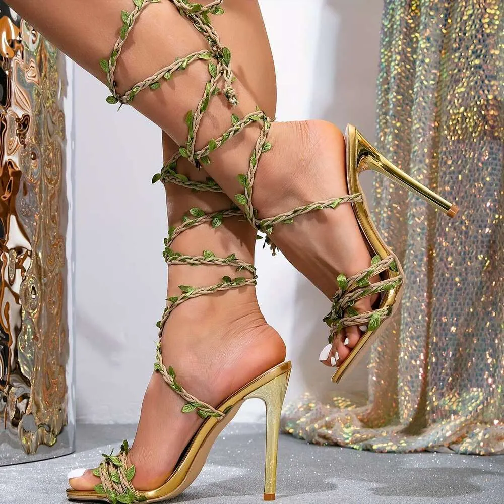 Golden-Tone Heeled Sandals Women with Lace-Up Front & Rear Straps