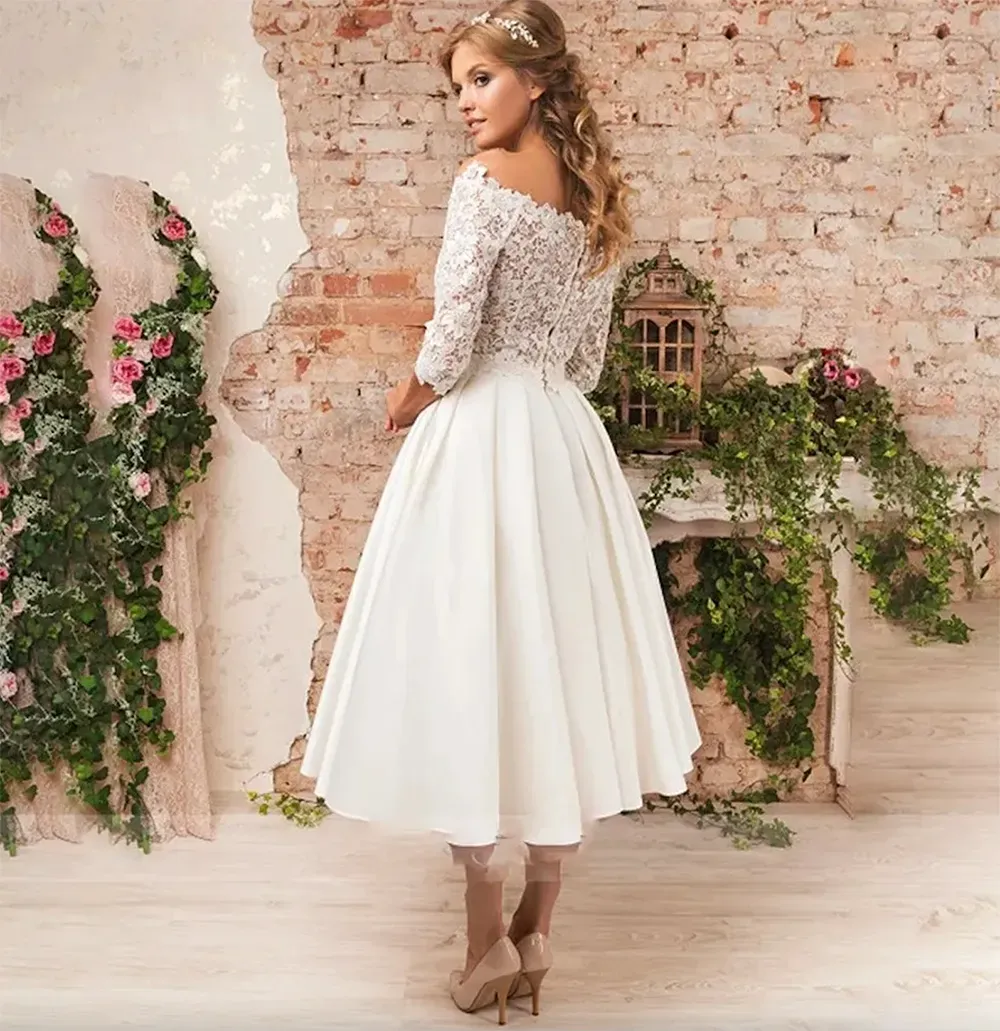Vestido De Novia De Longitud Del Té: Vestido De Novia De Satén De Encaje A  Una Línea Con Mangas Largas, Cuello De Bola, Ideal Para Celebraciones  Elegantes, Bodas Y Fiestas De 135,35, image size:1000x1031