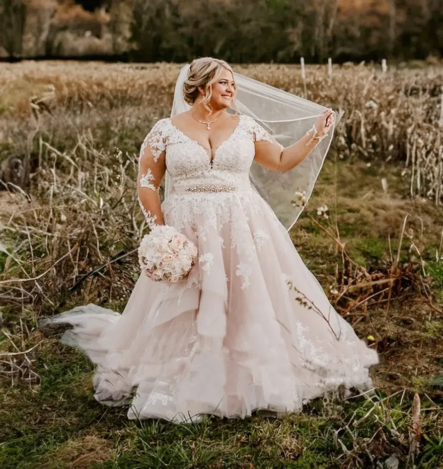 Champagne V-Neck Plus Size Square Neckline Wedding Dress with Lace Appliques and Long Sleeves for Bride - Beach Corset Back Bridal Party Gown (Style