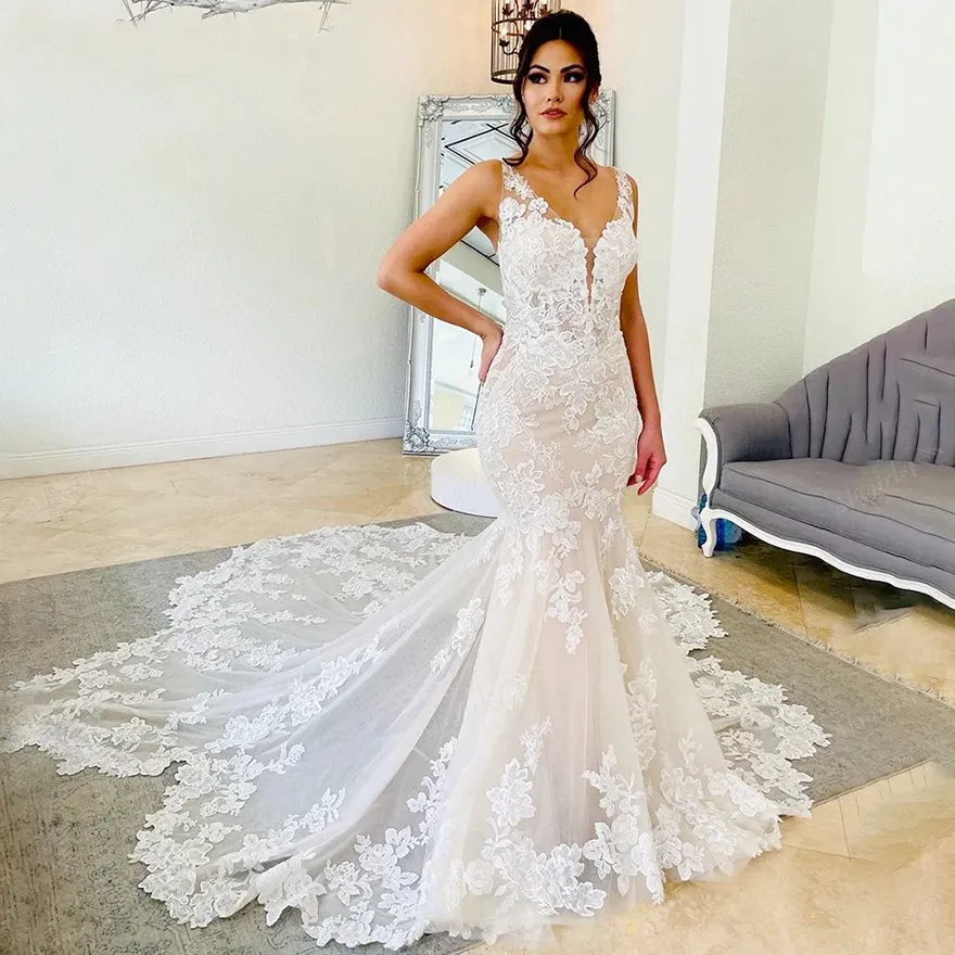 lace beach mermaid wedding dress Rustic Mermaid Lace Ivory Wedding Dresses Illusion Neckline Beach Wedd Musebridals