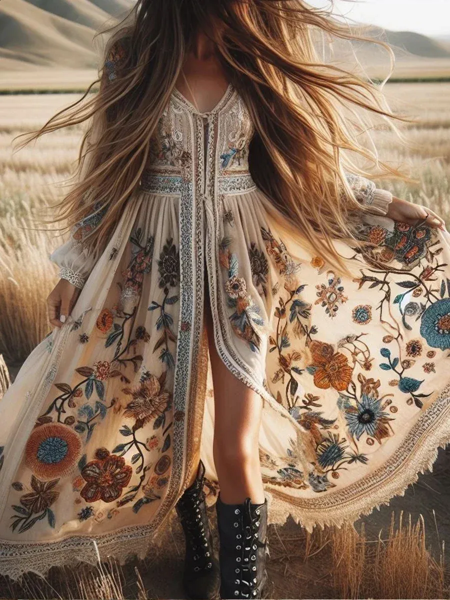 Boho Womens Long Dress Elegant Lace Patchwork Maxi Dress Flower Plants Pattern V Neck Lantern Sleeve Woman Long Dresses 250122
