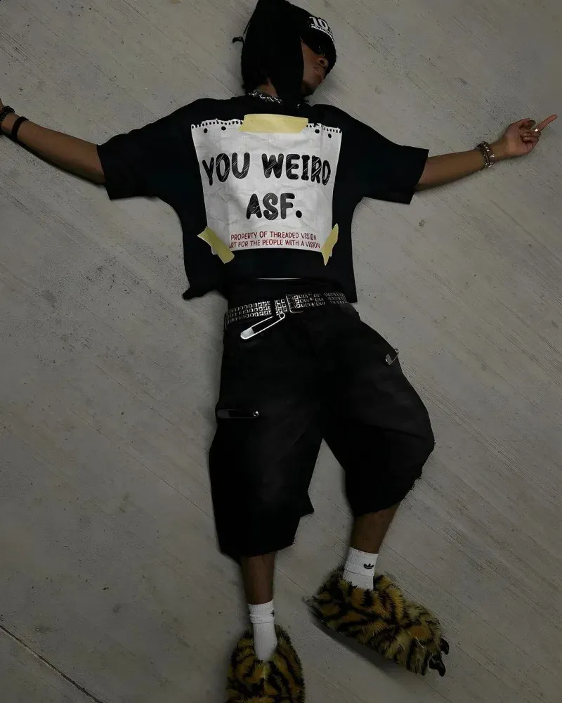 トップス 00s y2k archive Neil Barrett l/s cutsew Y2K Hip-hop T-shirt Oversized Short-sleeved Slash Neck Pleated