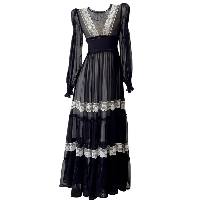 Haute Couture Black Contrast Lace Midi Dress Lantern Sleeves, Round Neck  Casual Dress Size Chart J5J168936 From Risabeira, $80.07 In Bulk |  DHgate.Com