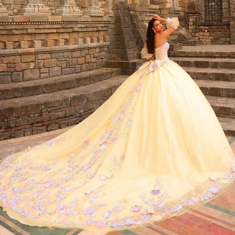 white mini graduation dresses ZAPAKA Women Ball Gown Quinceanera Dress Strapless Tulle Yellow Appliqued  Sweet 16 Dress