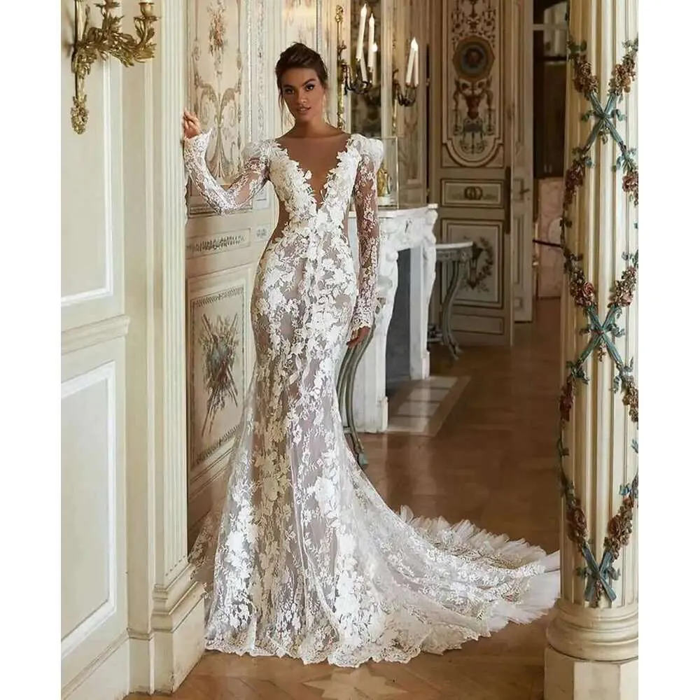 Long Sleeve Lace Mermaid Wedding Dress V-Neck 3D-Floral Appliques Tulle  Sweep Train Maternity from Dhgate Mermaid Wedding Dresses - price 292.35