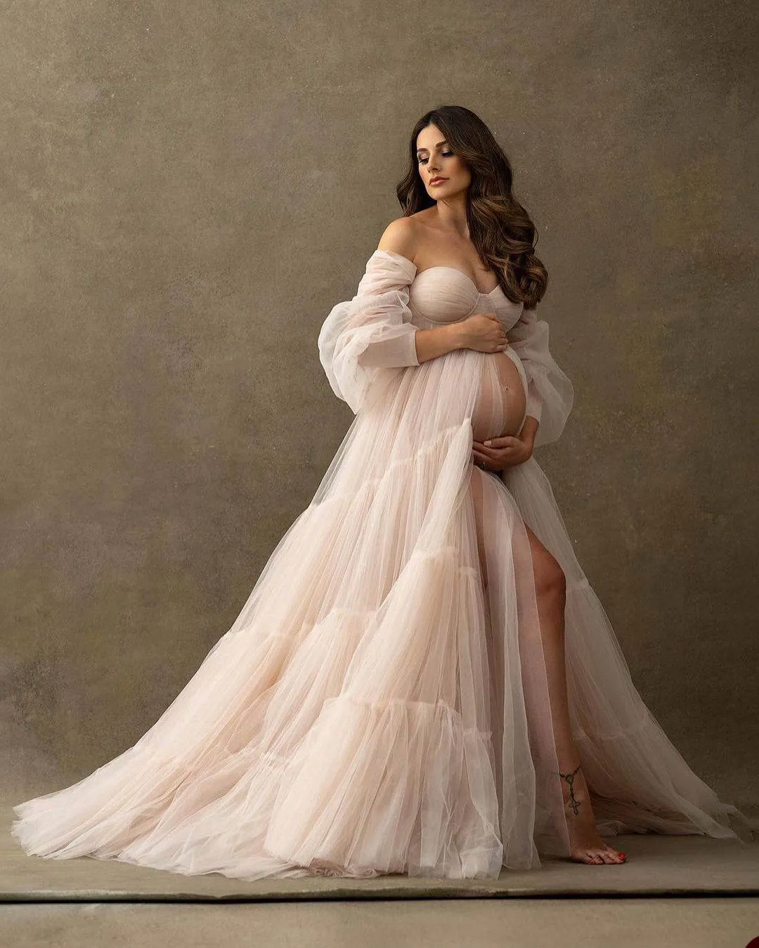 Vintage Champagne Maternity Dress for Photo Pregnancy Evening Dresses Front  Slit Shooting Babyshower Women Gowns Made Custom Bathrobe
