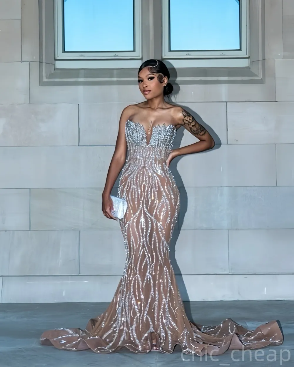 2025 Ivory Mermaid Prom gold Prom dress with Floral Crystals and Sequins - Perfect for Formal Parties, Birthdays, and Special Occasions - Available in